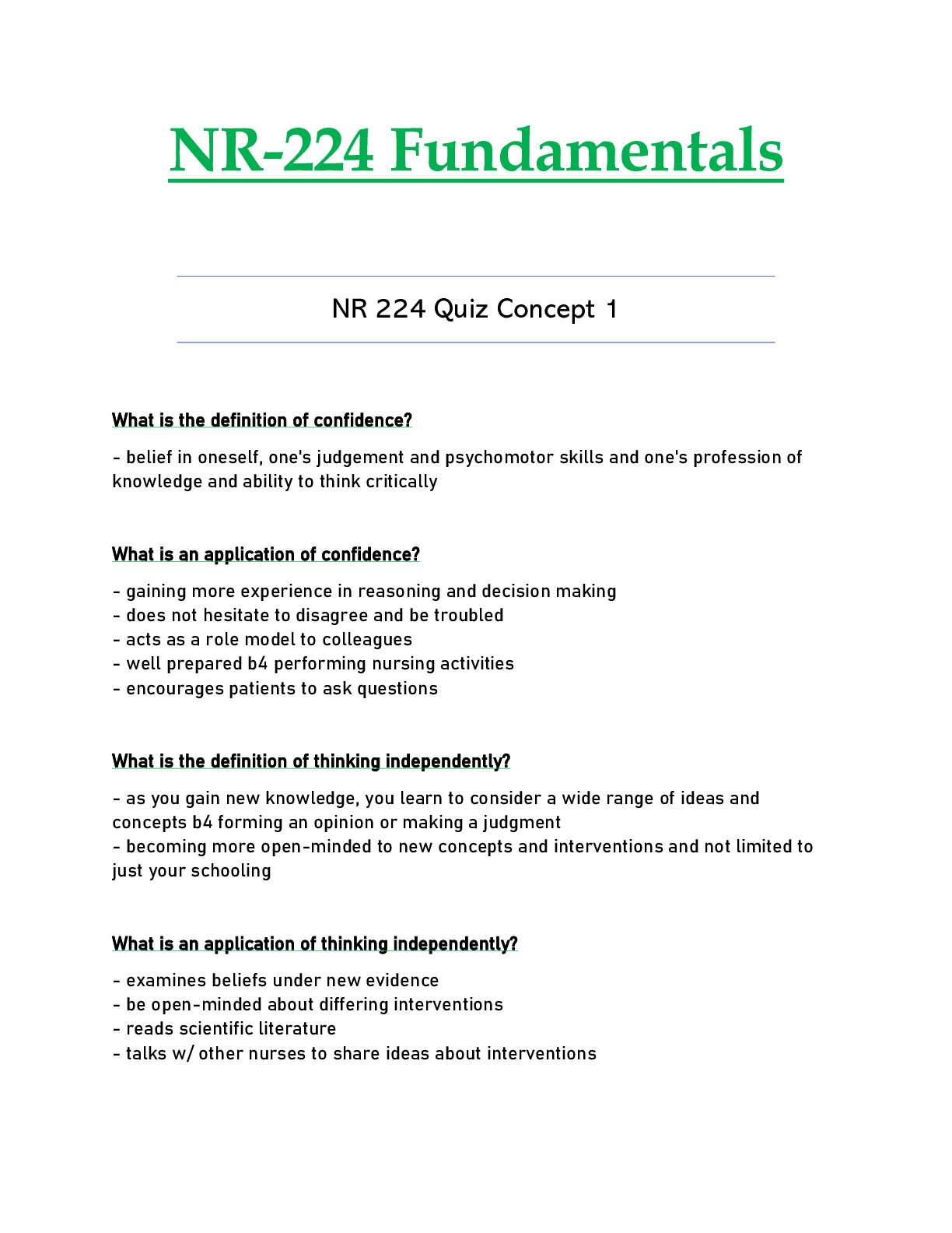 Preview of NR224 / NR 224 Quiz 1 Concept Updated Fundamentals - Chamberlain